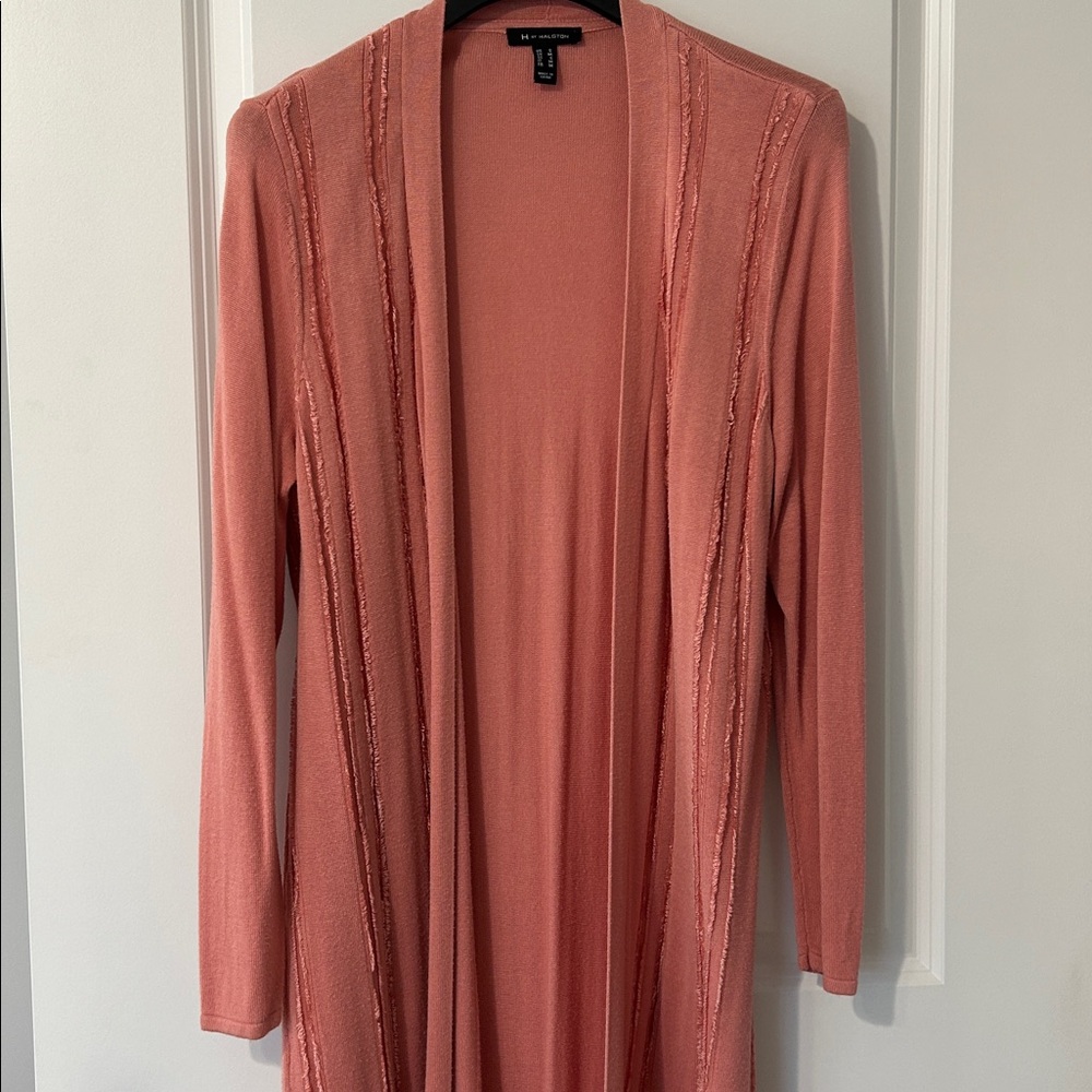 Halston Salmon color long cardigan sweater Women’s maxi lightweight cover up